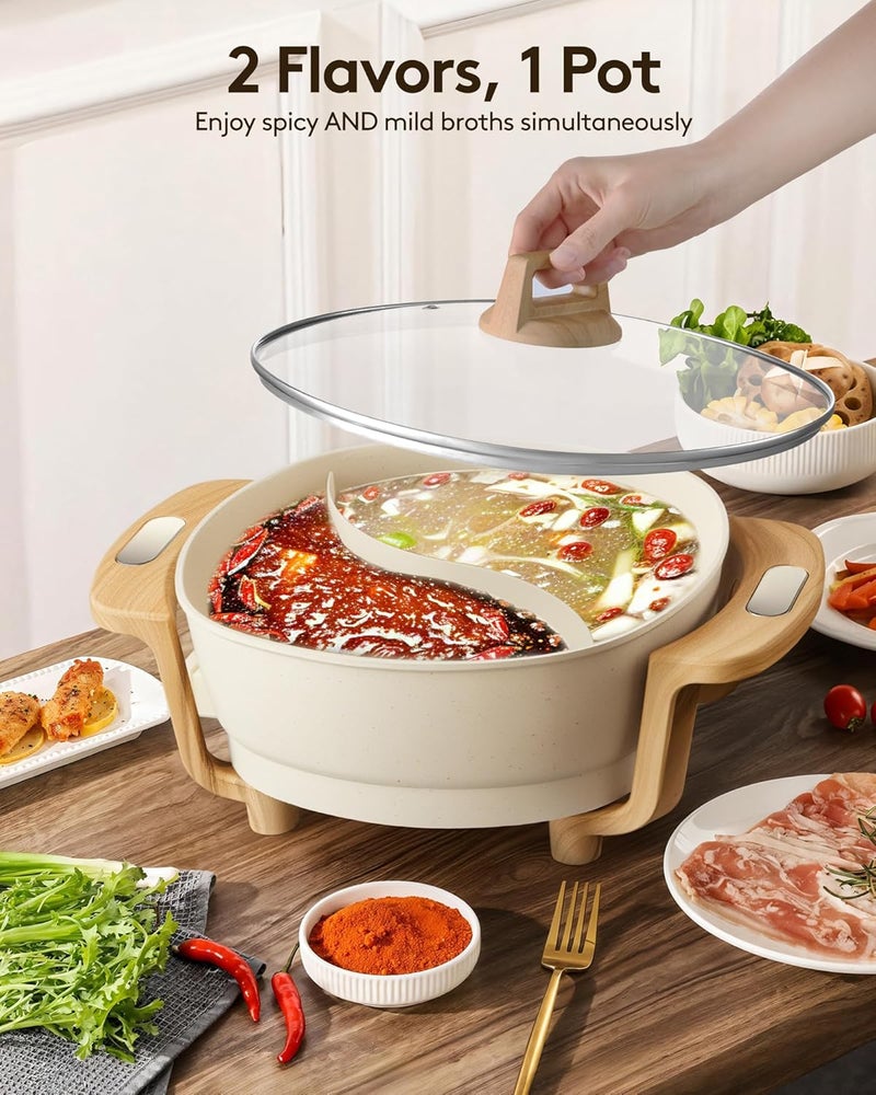 FGJ Hot Pot Electric Hot Pot with Divider, Large 6L Nonstick Dual-Sided Shabu Shabu Pot Dual-Flavor hotpot electric 1500W with Adjustable 5-Temperature Control ，Perfect for Family Dinners & Parties - Image 2